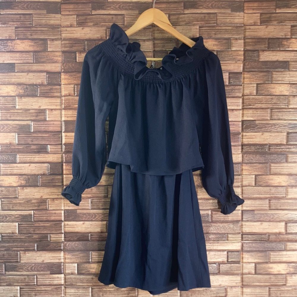 DIANE VON FURSTENBERG Navy Blue Crepe Off-shoulder Mini Dress Size P